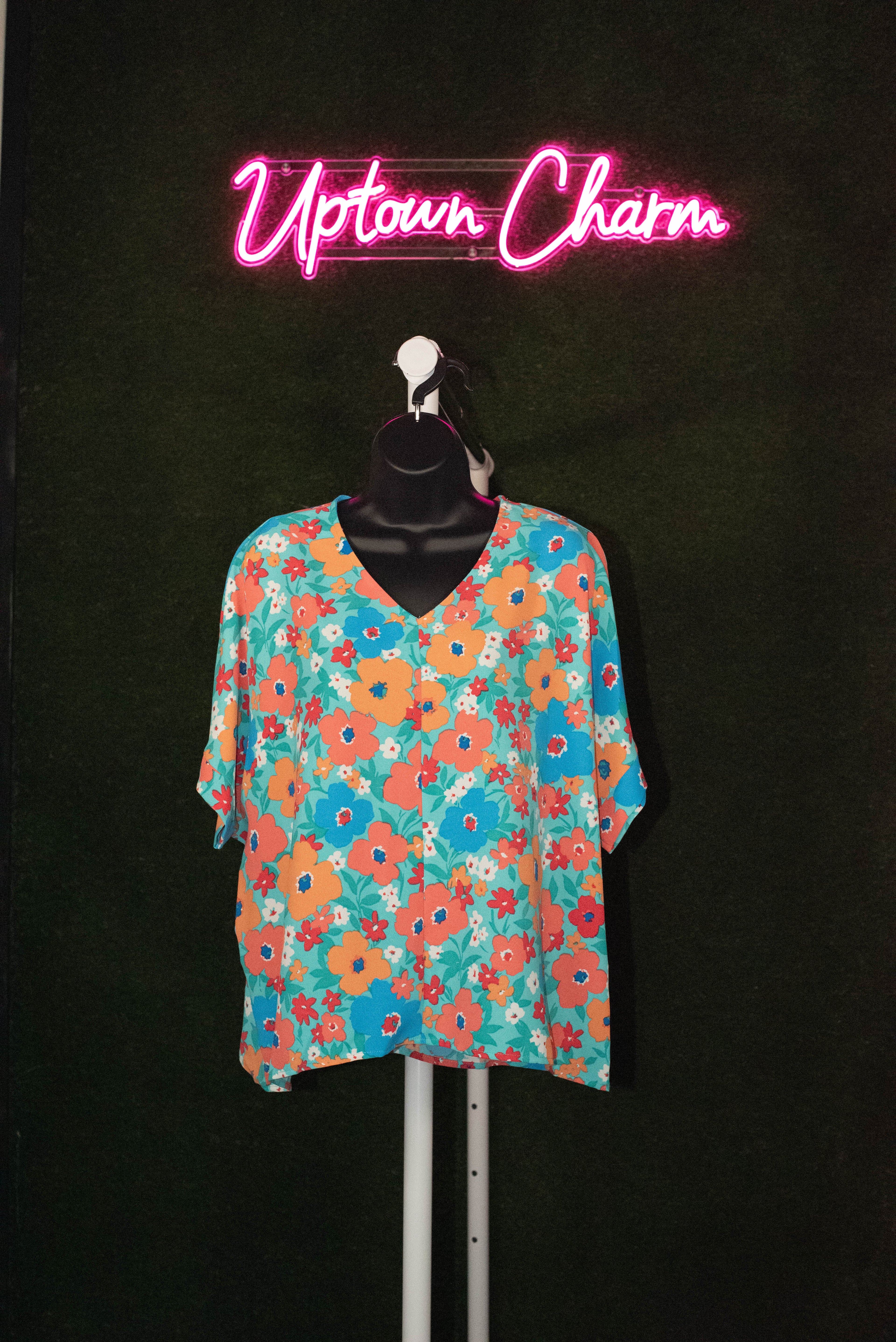 Teal Floral V-Neck Blouse